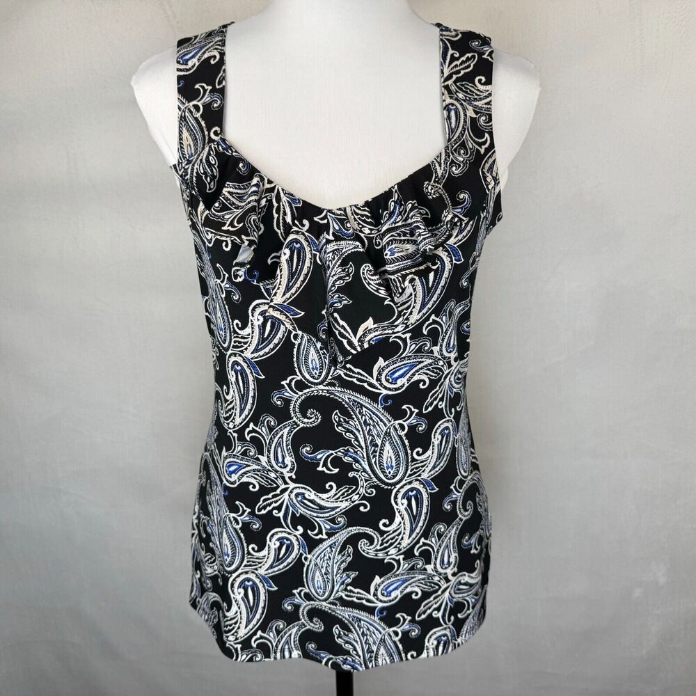 White House Black Market Tank Top Sz S Black Paisley Print Ruffle Square Neck